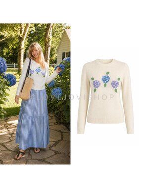 Sweater | Two Bees Cashmere Floral Intarsia Crew Neck Blue Purple | Cottagecore